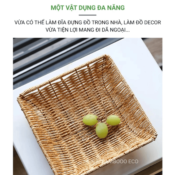Hình ảnh sản phẩm Khay nhựa giả mây hình vuông đựng đồ khô, bánh kẹo